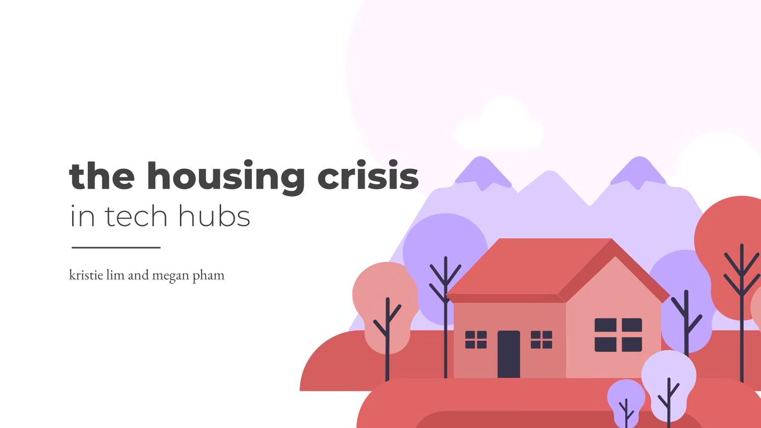 a slide titled "the housing crisis in tech hubs: kristie lim and megan pham", with a house and some trees