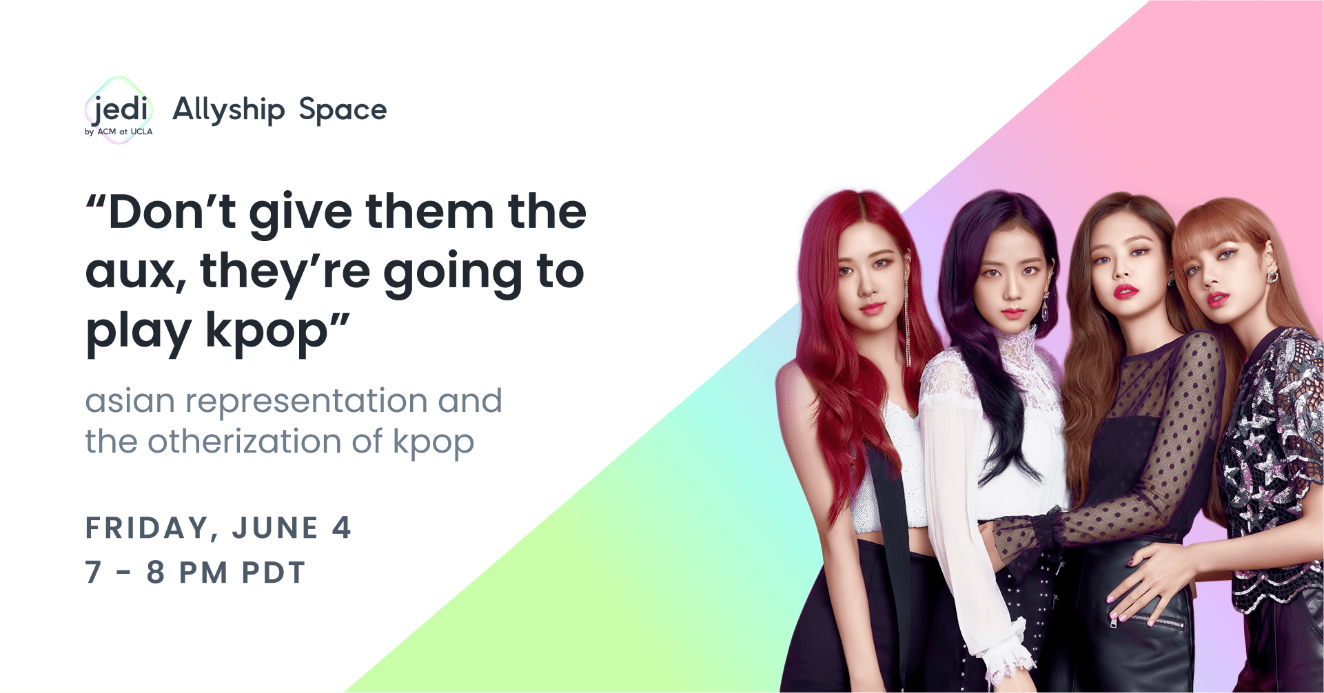 a slide titled "don't give them the aux, they're going to play kpop: asian representation and the otherization of kpop. features four prominent female Kpop idols.